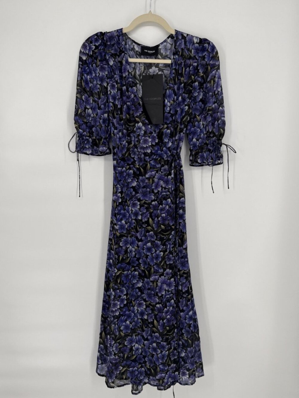 The Kooples Women Size Small Purple Black Floral Hortensia Silk Wrap Midi Dress - Picture 6 of 13